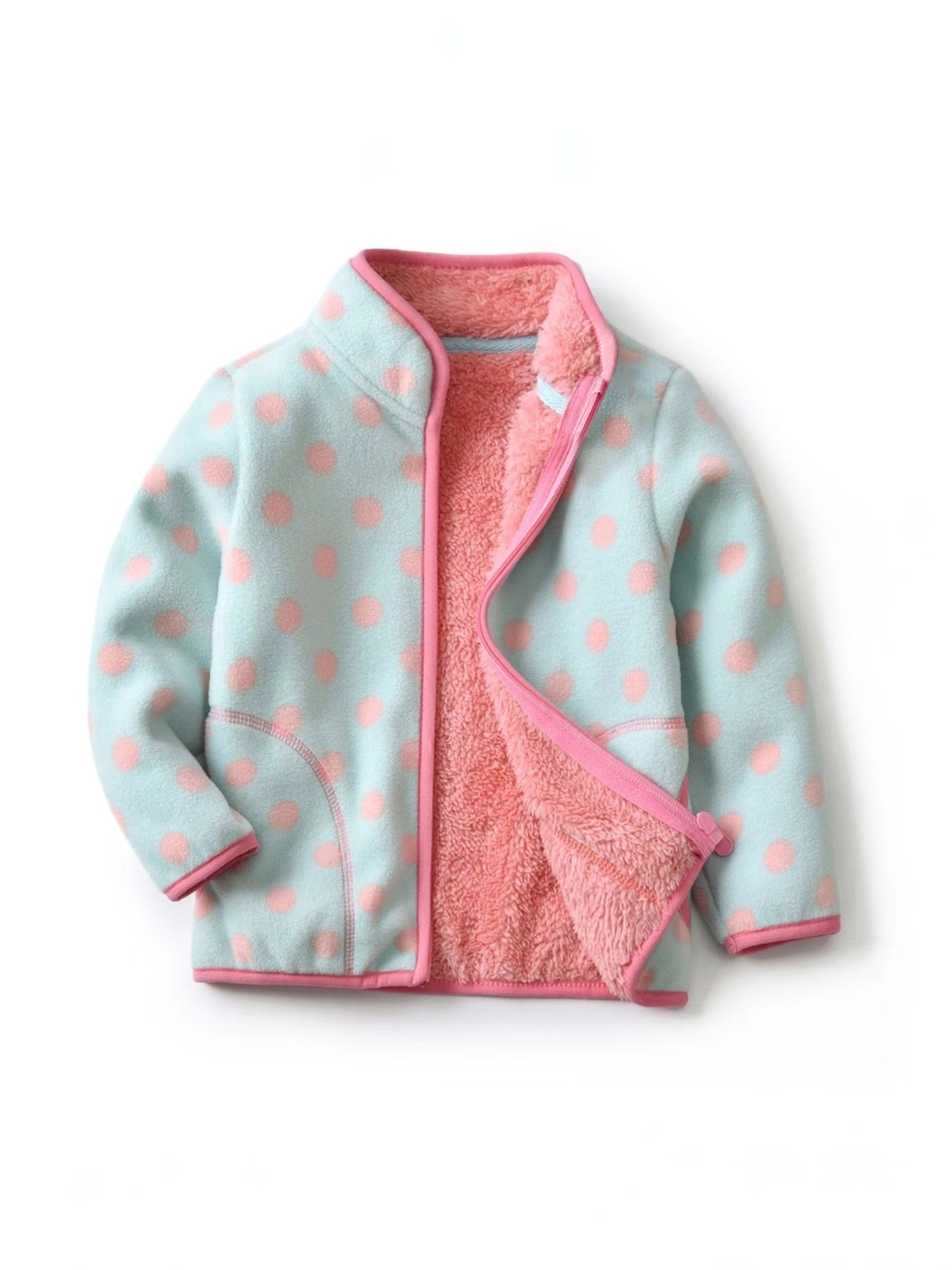 Kids Girls Polar Fleece Ceket Polka Dot Baskı Kalın Termal Stand Yaka Fermuarlı Dış Giyim